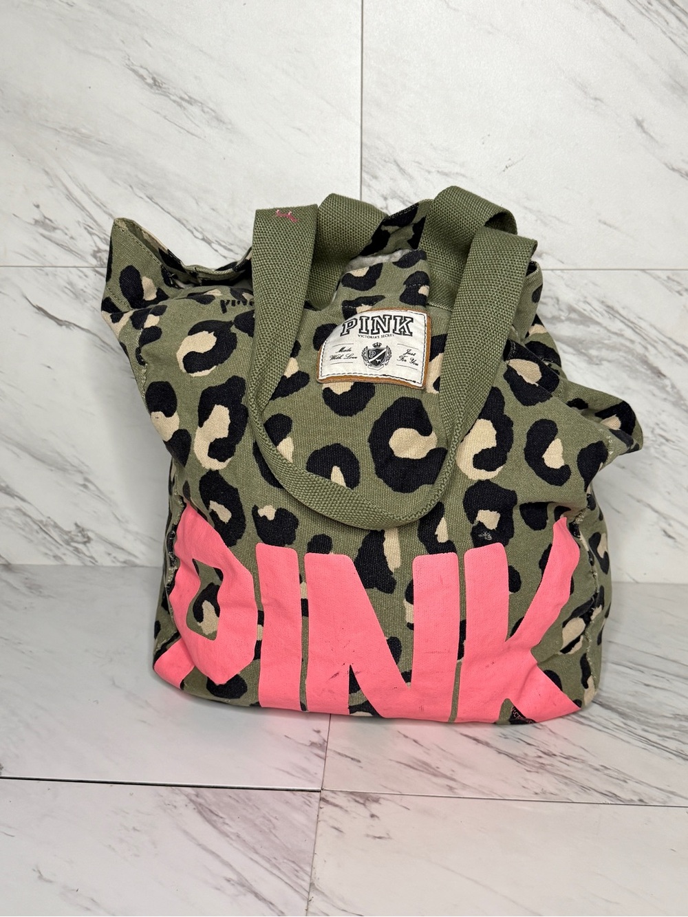 Vintage VS PINK Y2K Leopard Oversized Canvas Tote Bag Olive Green Logo